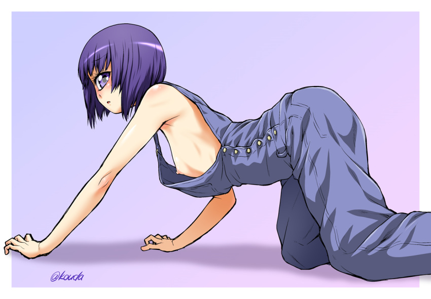 all_fours border breasts check_commentary commentary_request crawling cyclops feet_out_of_frame from_side kouda_tomohiro looking_at_viewer manako monster_musume_no_iru_nichijou naked_overalls nipples one-eyed overalls parted_lips purple_eyes purple_hair shadow short_hair sideboob small_breasts solo twitter_username white_border