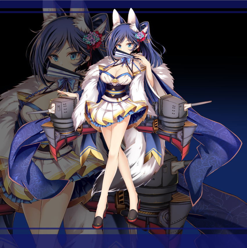 animal_ears azur_lane black_footwear blue_eyes blue_hair breasts cleavage covering_mouth detached_sleeves fan folding_fan full_body hair_ornament highres holding holding_fan jianren jintsuu_(azur_lane) large_breasts long_hair long_sleeves looking_at_viewer obi official_art ponytail ribbon sash skirt smile solo standing tail wide_sleeves zoom_layer