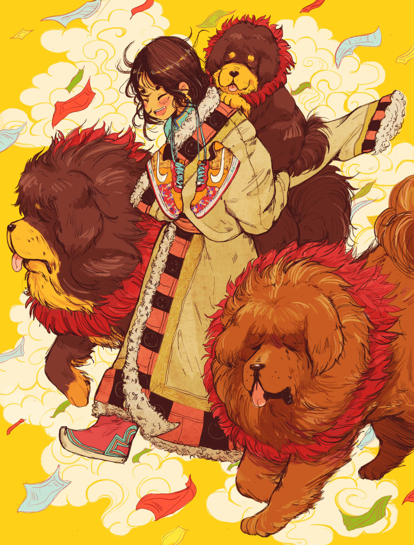 animal blush brown_hair carrying chinese_zodiac closed_eyes commentary crisalys dog english_commentary fur_trim highres long_hair new_year nike open_mouth original piggyback shoes shoes_removed short_eyebrows smile smoke sneakers solo tibetan_mastiff tongue walking year_of_the_dog yellow_background