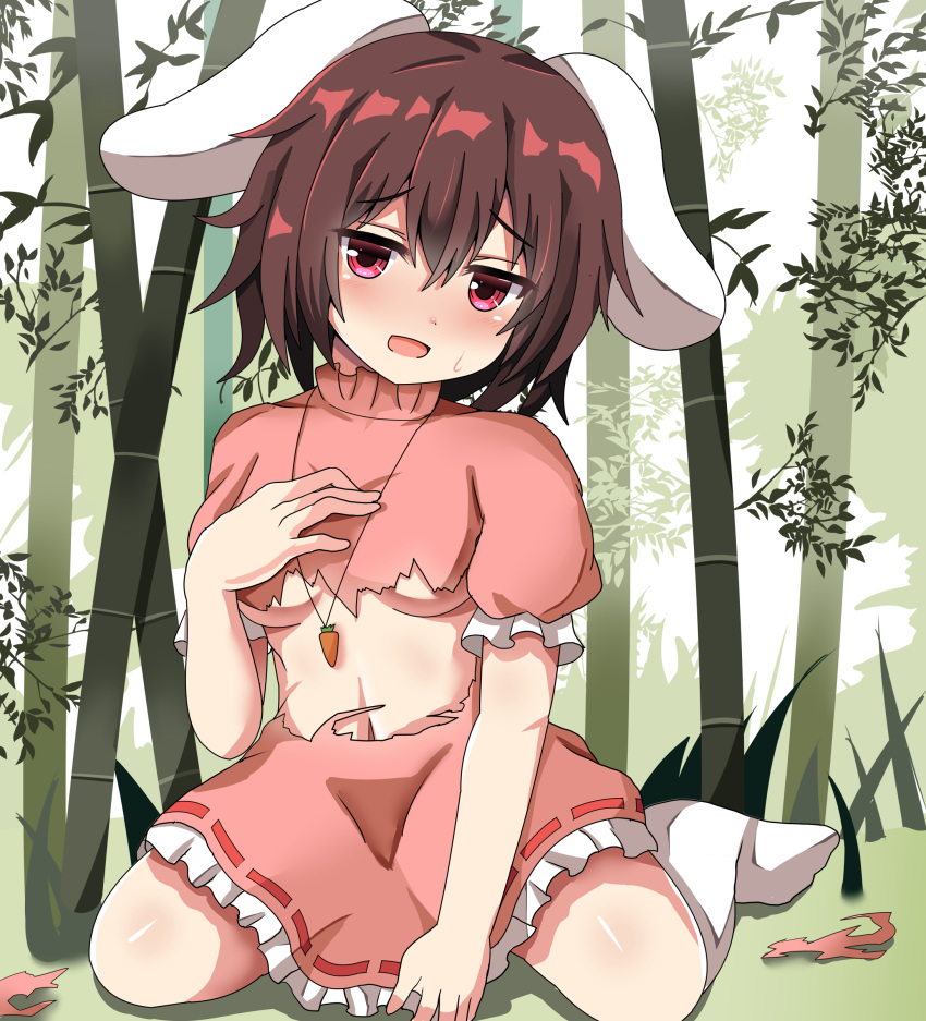 absurdres animal_ears bamboo bamboo_forest blush breasts brown_hair bunny_ears carrot_necklace day dress forest frilled_skirt frills guard_bento_atsushi hand_on_own_chest head_tilt high_collar highres inaba_tewi looking_at_viewer nature no_shoes open_mouth outdoors puffy_short_sleeves puffy_sleeves red_eyes shiny shiny_hair short_hair short_sleeves sitting skirt solo sweatdrop torn_clothes torn_dress touhou underboob wariza white_legwear