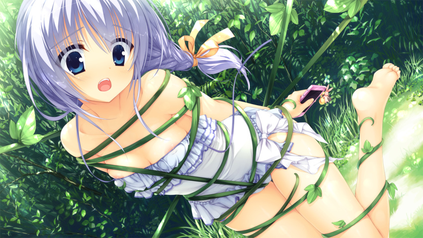 amairo_islenauts barefoot blue_eyes bondage braids breasts cleavage game_cg kobuichi leaves nipples phone purple_hair shiraga_airi yuzusoft