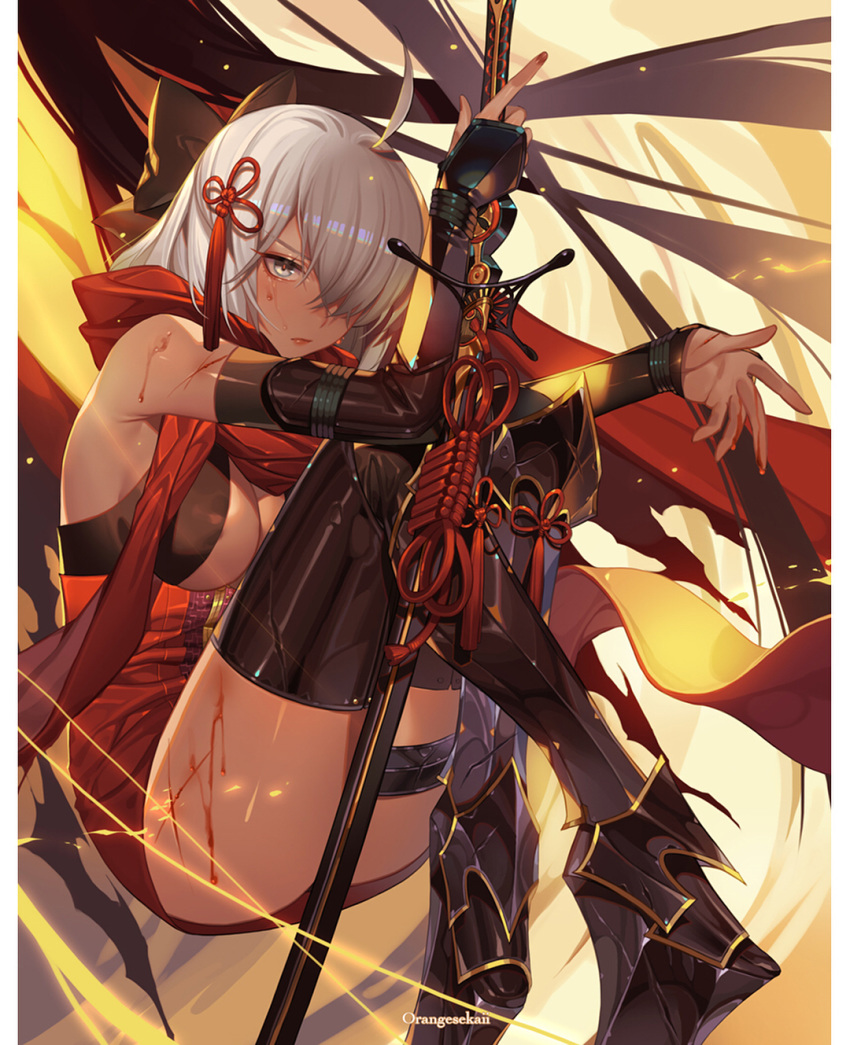 ahoge arm_guards armored_boots black_bow boots bow breasts cleavage crossed_legs dark_skin fate/grand_order fate_(series) hair_between_eyes hair_bow hair_ornament hair_over_one_eye highres holding holding_weapon knees_to_chest knees_up large_breasts long_hair okita_souji_(alter)_(fate) okita_souji_(fate)_(all) orangesekaii red_scarf scarf silver_hair sitting solo sweat tassel tied_hair weapon yellow_eyes