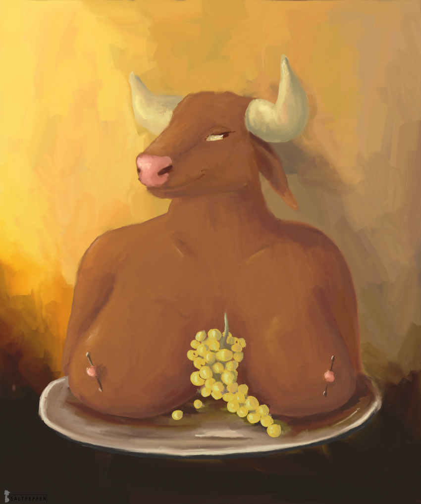 2018 absurd_res anthro big_breasts bouvine bovine breasts cattle digital_drawing_(artwork) digital_media_(artwork) female food franziska fruit fur grapes hi_res horn mammal nipple_piercing nipples nude piercing presenting presenting_breasts sagging_breasts salt_pepper simple_background smile solo