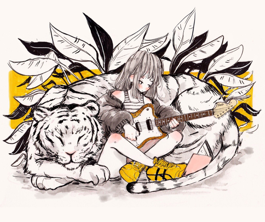 animal bangs bare_shoulders blush book crisalys earrings electric_guitar grey_hair guitar indian_style instrument jacket jewelry leaf limited_palette long_hair long_sleeves looking_at_book music off_shoulder original plant playing_instrument shoes simple_background sitting sleeping sneakers solo tank_top tiger white_background white_tiger yellow_footwear