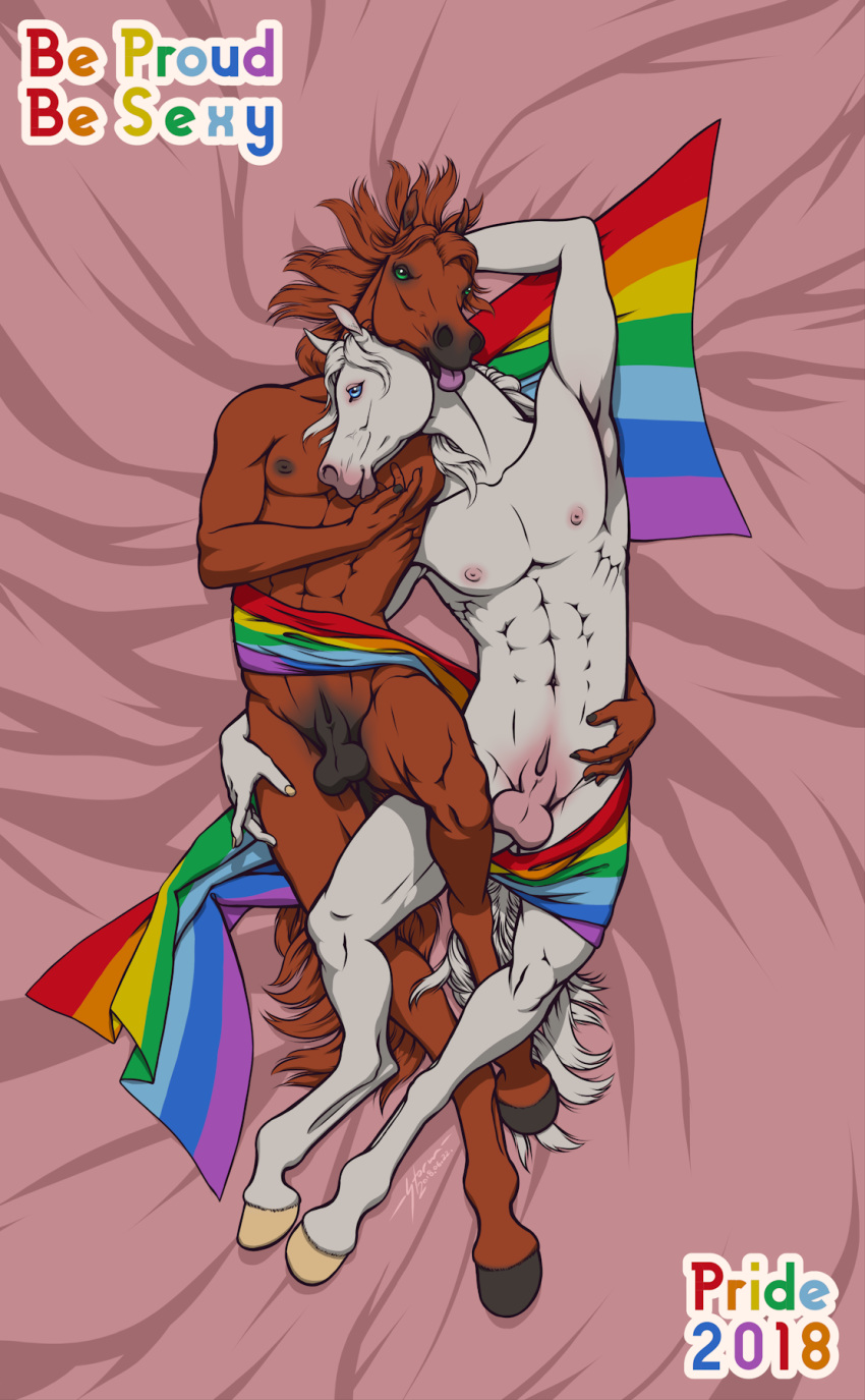 anatomically_correct animal_genitalia anthro balls bed cute digital_media_(artwork) equine gay_pride horse lgbtq looking_at_viewer male male/male mammal painting pride_(disambiguation) realistic sakura_(storm_engineer) sheath smile storm_engineer tongue tongue_out