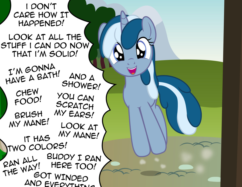 badumsquish blue_eyes dialogue english_text equine excited fan_character female horn looking_at_viewer mammal my_little_pony solo text tremble_(oc) unicorn