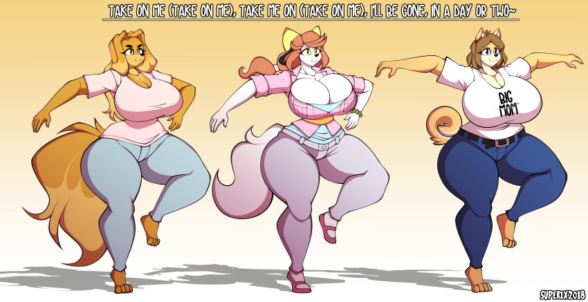 anthro barefoot belt big_breasts breasts canine cleavage clothed clothing dog dogmom english_text female fluffy footwear fully_clothed group hair holly_applebee huge_breasts humor jeans june_(jinu) mammal pants parody shiba_inu shirt shoes simple_background superix text thick_thighs undershirt wide_hips