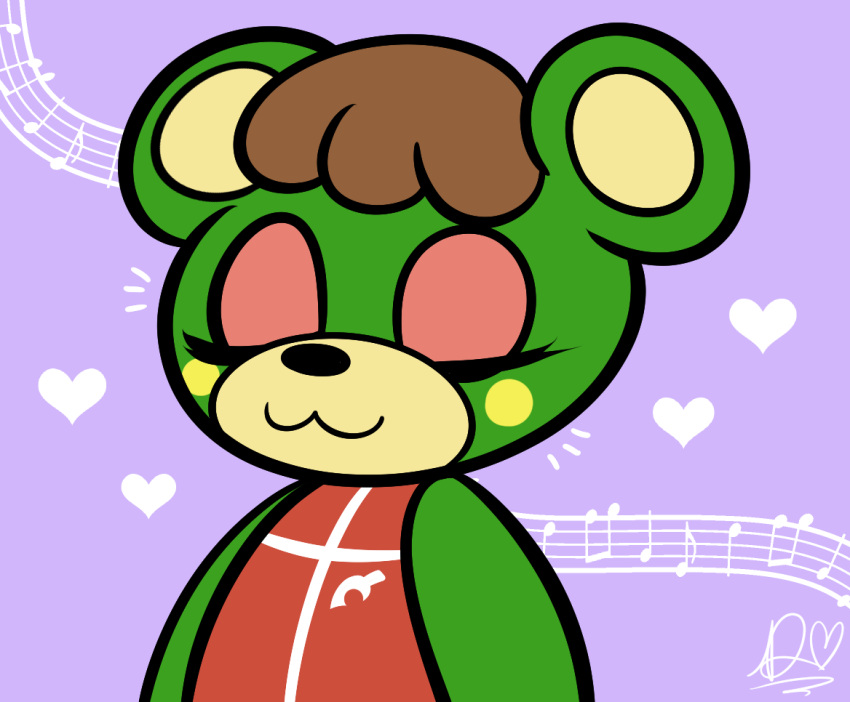 &lt;3 2015 :3 animal_crossing anthro bear biped brown_hair bust_portrait cel_shading charlise_(animal_crossing) cheek_spot clothed clothing digital_drawing_(artwork) digital_media_(artwork) duckydeathly eyelashes eyes_closed eyeshadow female flat_chested front_view green_body hair icon makeup mammal musical_note nintendo portrait purple_background red_clothing short_hair simple_background smile solo toony two_tone_body video_games yellow_body