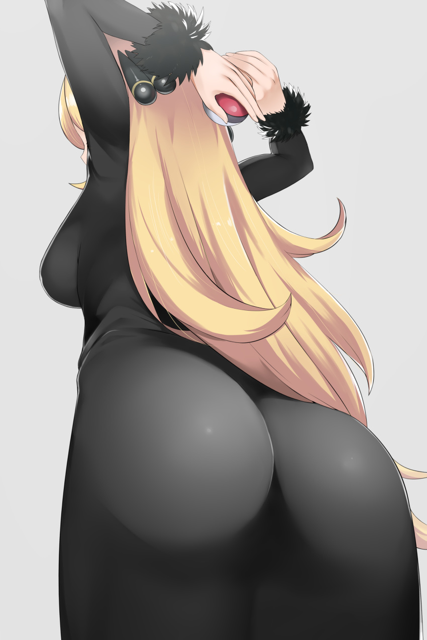 absurdres arms_behind_head arms_up ass backboob bad_id bad_pixiv_id black_dress blonde_hair breasts dress facing_away from_behind from_below hair_ornament highres hips large_breasts long_sleeves nari_(ya_ha) poke_ball pokemon pokemon_(game) pokemon_dppt shirona_(pokemon) sideboob solo wide_hips