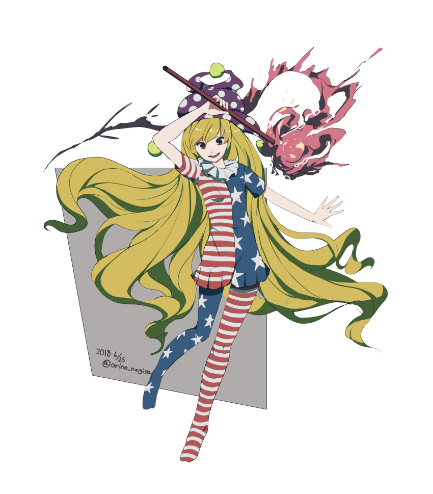 absurdres american_flag_dress american_flag_legwear arm_up artist_name blonde_hair clownpiece commentary_request dated dress full_body hat highres holding holding_torch jester_cap long_hair neck_ruff no_shoes open_mouth pantyhose polka_dot_hat purple_hat red_eyes shishi_osamu short_sleeves simple_background smile solo torch touhou twitter_username very_long_hair white_background