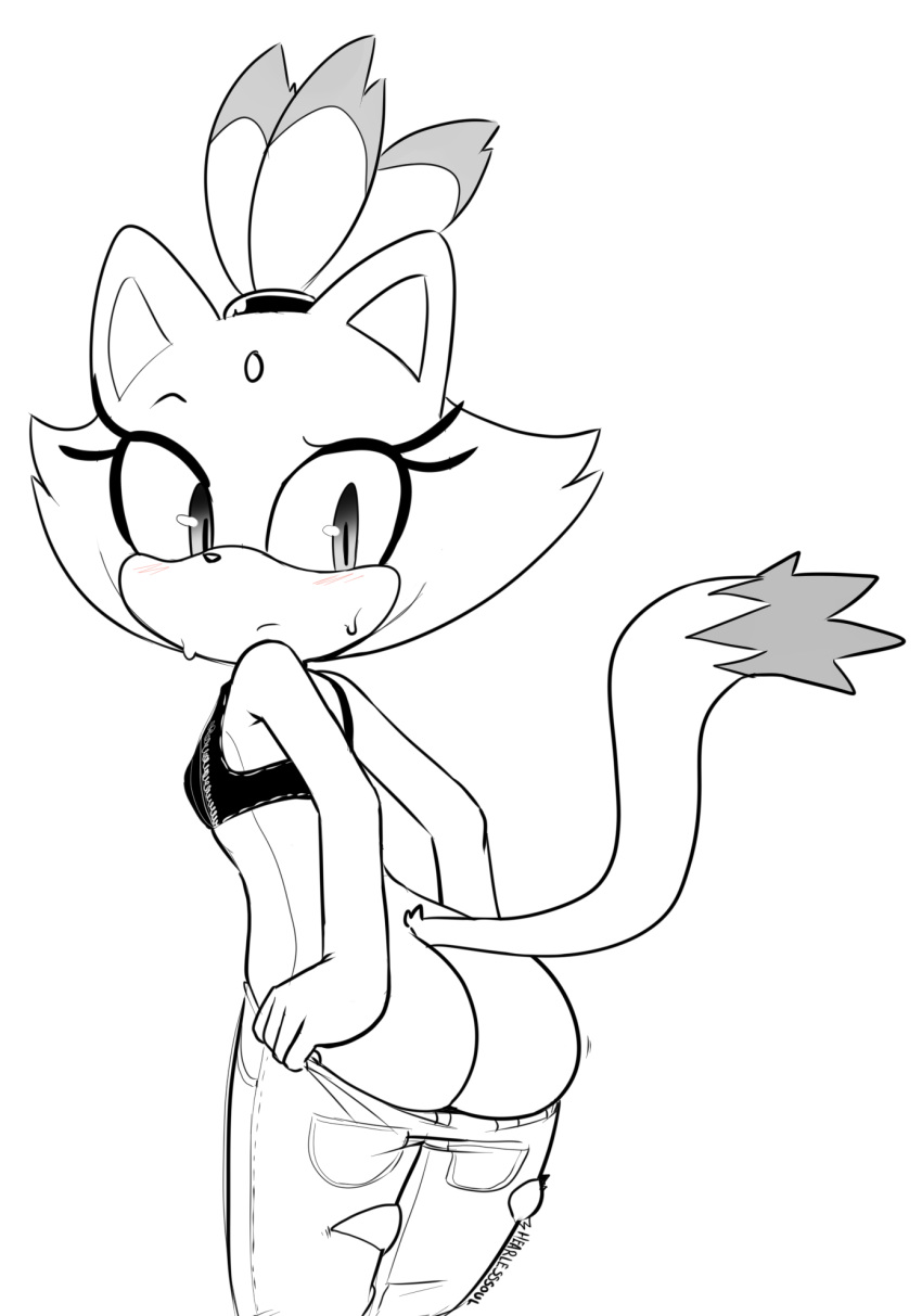 anthro big_butt blaze_the_cat butt cat clothed clothing dipstick_tail eyelashes feline female fur hair hearlesssoul looking_back mammal monochrome multicolored_tail signature solo sonic_(series) sweat