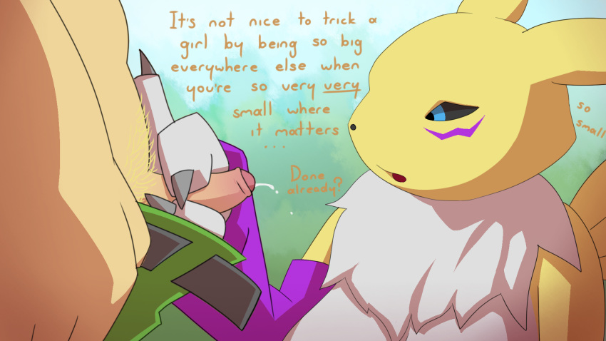 anthro black_sclera blue_eyes breasts canine claws clothing cum digimon duo erection female fox fur hair human humanoid_penis humiliation interspecies looking_at_penis male mammal mintyskin open_mouth penis penis_shaming renamon simple_background small_penis text tuft uncut white_fur yellow_fur