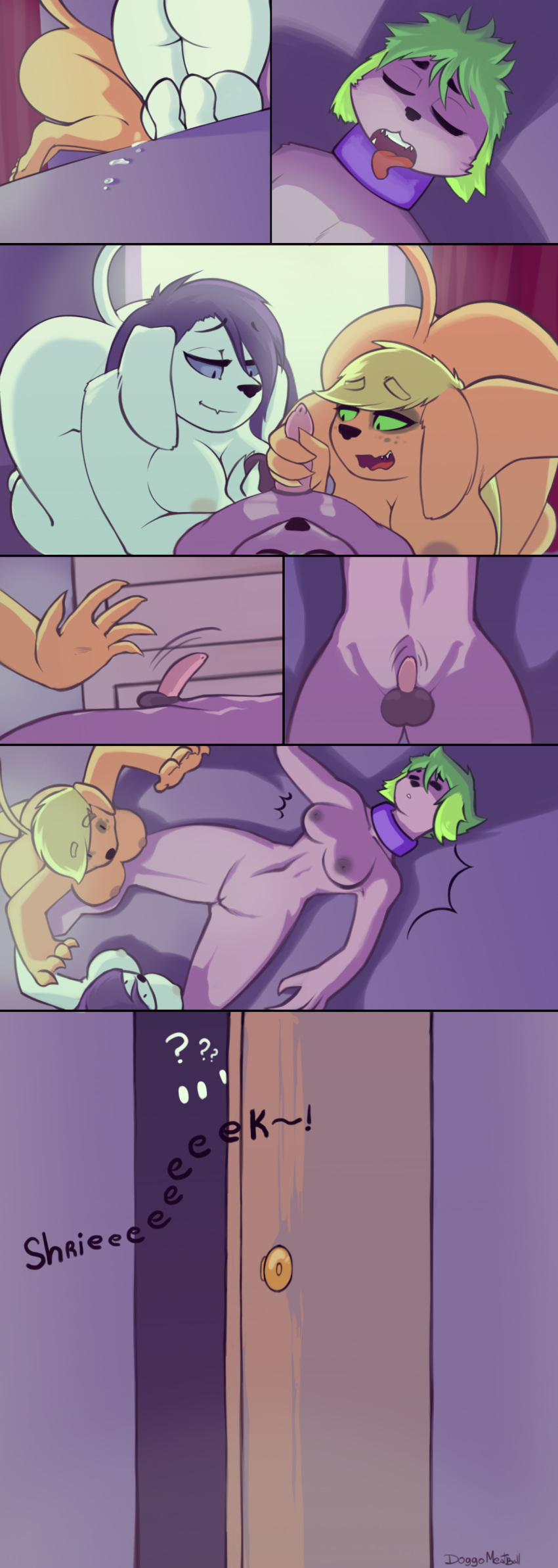 2018 absurd_res alternate_species anthro applejack_(mlp) balls breasts canine doggomeatball eyes_closed female friendship_is_magic gender_transformation group hair handjob hi_res lying male male/female mammal mtf_transformation my_little_pony nude on_back open_mouth penis pussy rarity_(mlp) sex spike_(mlp) tongue tongue_out transformation