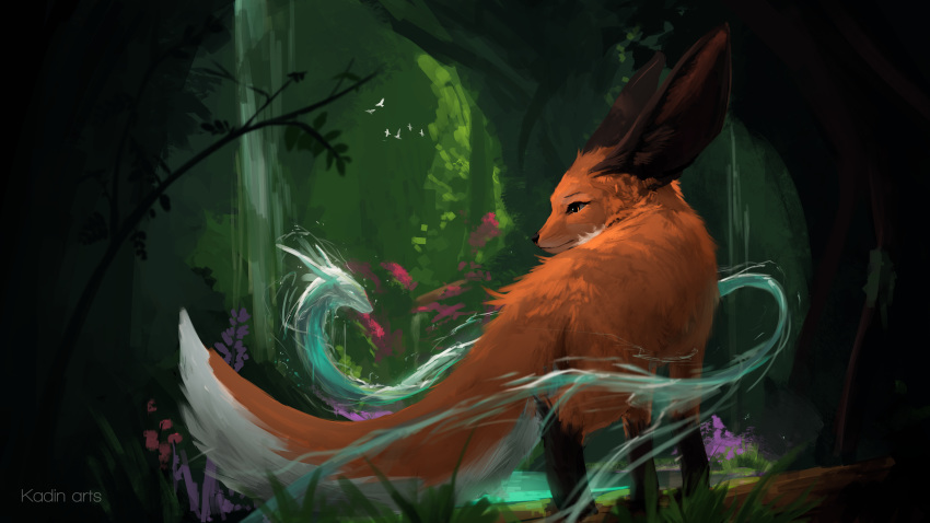 16:9 2018 absurd_res all_fours big_ears black_nose brown_eyes brown_fur canine detailed detailed_background digital_media_(artwork) digital_painting_(artwork) fennec feral flower fluffy fluffy_tail forest fox fur grass hi_res kadinarts male mammal nature orange_fur outside plant pond rear_view solo standing timmy_fox tree wallpaper water waterbending watermark white_fur widescreen