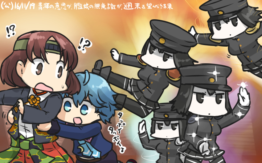 3girls ahoge akitsu_maru_(kantai_collection) black_hair black_hat blouse blue_blouse blue_eyes blue_hair brown_hair chiyoda_(kantai_collection) clone commentary_request crescent crescent_moon_pin dated groping hamu_koutarou hat headband highres hokuto_no_ken kantai_collection minazuki_(kantai_collection) multiple_girls necktie open_mouth pale_skin peaked_cap school_uniform serafuku shaded_face short_hair sweatdrop