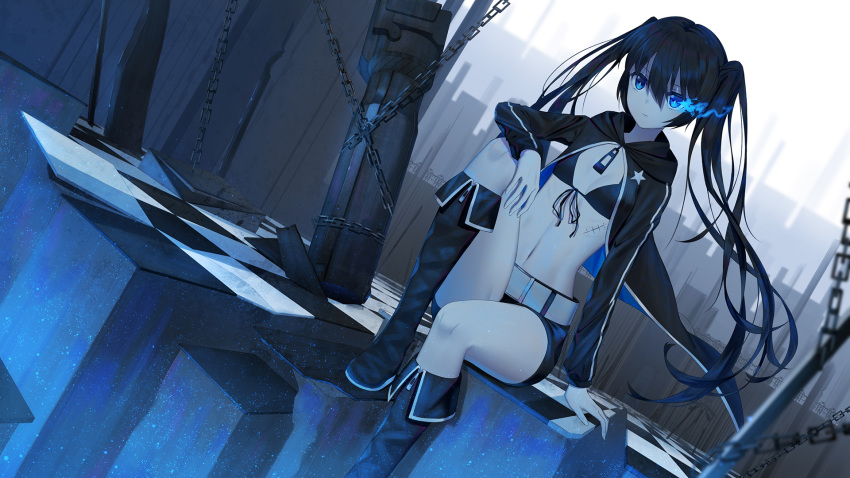 arm_rest arm_support bangs belt bikini_top black_footwear black_hair black_hoodie black_rock_shooter black_rock_shooter_(character) black_shorts blue_eyes blurry blurry_foreground boots burning_eye chain checkered checkered_floor closed_mouth commentary_request depth_of_field dutch_angle expressionless fingernails flat_chest floating_hair front-tie_bikini front-tie_top hair_between_eyes highres hood hood_down hoodie ji_dao_ji knee_boots knee_up light_particles long_hair long_sleeves looking_away navel open_clothes open_hoodie pale_skin railing scar shorts sitting solo star stomach string_bikini twintails very_long_hair white_belt wind zipper_pull_tab