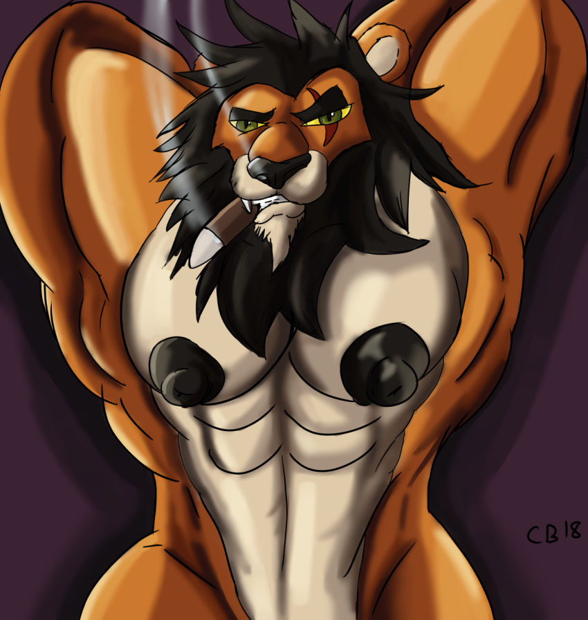 anthro cigar czyhyena digital_drawing_(artwork) digital_media_(artwork) disney feline fur hair lion male mammal muscular muscular_male nipples nude pecs scar scar_(the_lion_king) simple_background smile smoke smoking solo the_lion_king