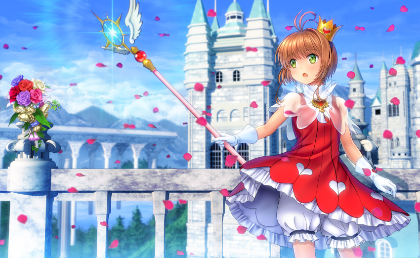 brown_hair building card_captor_sakura clouds crown dress gloves green_eyes kinomoto_sakura moonknives petals short_hair sky wand