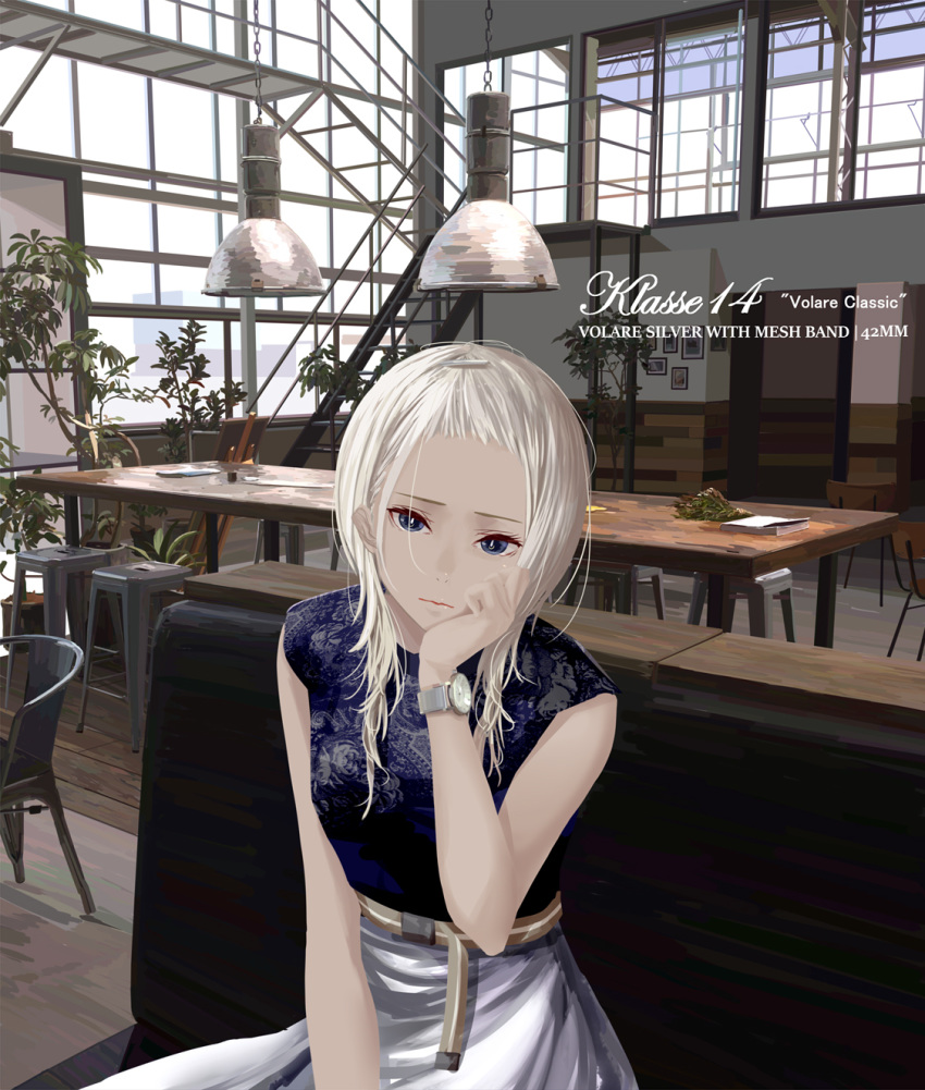 belt blonde_hair blue_eyes breasts chair chef_no_kimagure_salad hair_ornament hairclip highres indoors looking_at_viewer original plant sitting skirt solo stairs table watch wristwatch