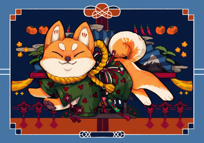 :3 ^_^ animal animal_focus blue_border border chinese_zodiac closed_eyes closed_mouth clothed_animal commentary dog facing_to_the_side facing_viewer from_side full_body green_kimono japanese_clothes kimono long_sleeves no_humans original paws rye-beer shiba_inu smile solo symbol_commentary tassel wide_sleeves year_of_the_dog