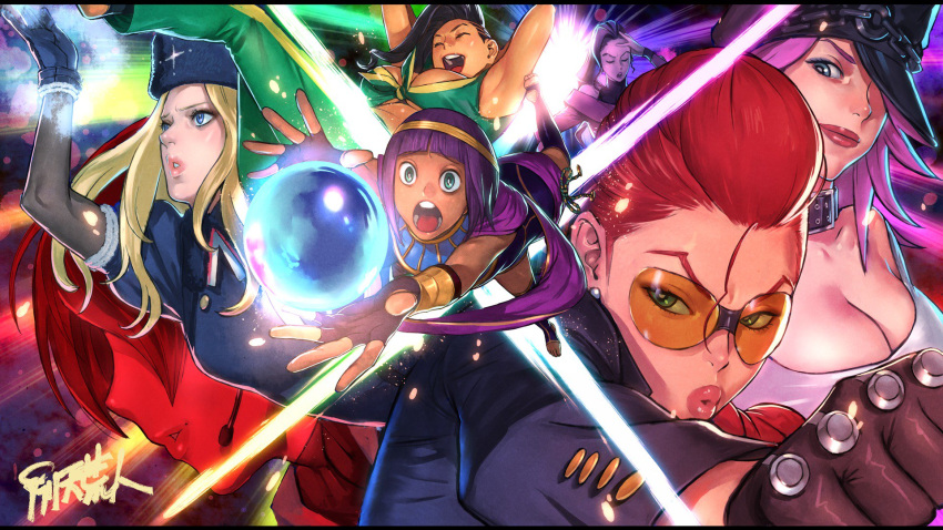 bangs black_hair blonde_hair blunt_bangs bob_cut braid breasts crimson_viper crystal_ball dark_skin fur_hat fur_trim gloves green_eyes hat highres kolin laura_matsuda lips long_hair mana30row menat open_mouth peaked_cap poison_(final_fight) pompadour purple_hair red_hair rose_(street_fighter) short_hair street_fighter street_fighter_iv_(series) street_fighter_v sunglasses tank_top ushanka worried