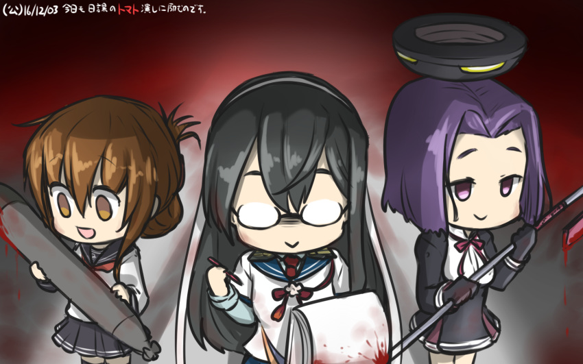 black_hair black_skirt blood brown_hair commentary_request dated folded_ponytail glaive glasses hamu_koutarou highres inazuma_(kantai_collection) kantai_collection long_hair mechanical_halo multiple_girls neckerchief necktie ooyodo_(kantai_collection) open_mouth plasma-chan_(kantai_collection) pleated_skirt purple_hair school_uniform serafuku short_hair skirt tatsuta_(kantai_collection) torpedo