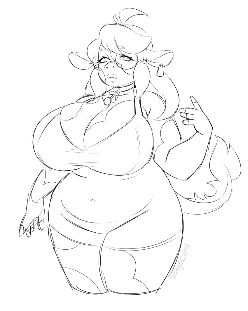 animal_humanoid big_breasts bovine breasts clothed clothing collar cow_humanoid cowbell eyewear female glasses greyscale hair huge_breasts humanoid looking_at_viewer mammal monochrome orangekissess overweight overweight_female sketch solo