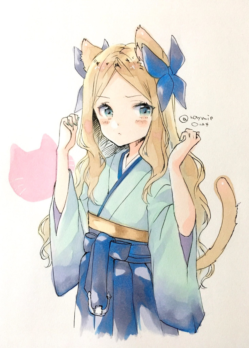 anchor animal_ears asakaze_(kantai_collection) bangs blue_bow blue_eyes blue_hakama blue_kimono bow cat_ears cat_tail cowboy_shot forehead furisode hair_bow hakama highres japanese_clothes kantai_collection kimono light_brown_hair long_hair looking_at_viewer meiji_schoolgirl_uniform parted_bangs raymie0124 sidelocks solo tail twitter_username wavy_hair