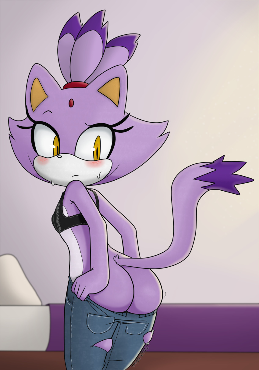 2018 anthro bed big_butt blaze_the_cat blush butt cat clothed clothing digital_media_(artwork) dipstick_tail eyelashes feline female fur hair hearlesssoul hi_res inside jeans looking_back mammal multicolored_fur multicolored_tail pants pillow purple_fur signature solo sonic_(series) standing sweat torn_clothing undressing video_games white_fur yellow_eyes