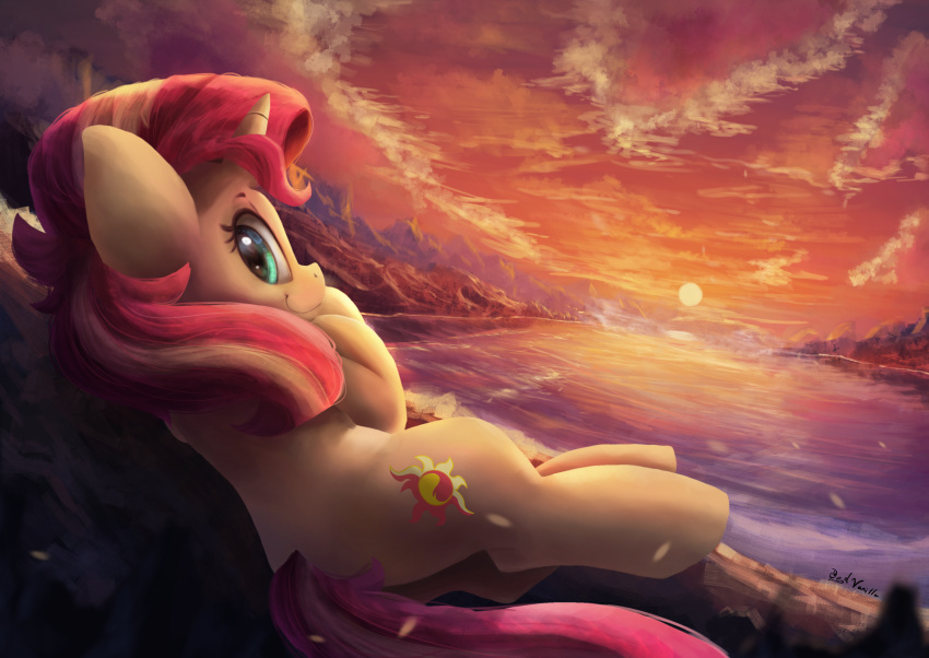 2018 absurd_res cutie_mark detailed_background digital_media_(artwork) equestria_girls equine female hair hi_res horn looking_at_viewer mammal multicolored_hair my_little_pony outside smile solo sunset_shimmer_(eg) thediscorded two_tone_hair unicorn vanillaghosties