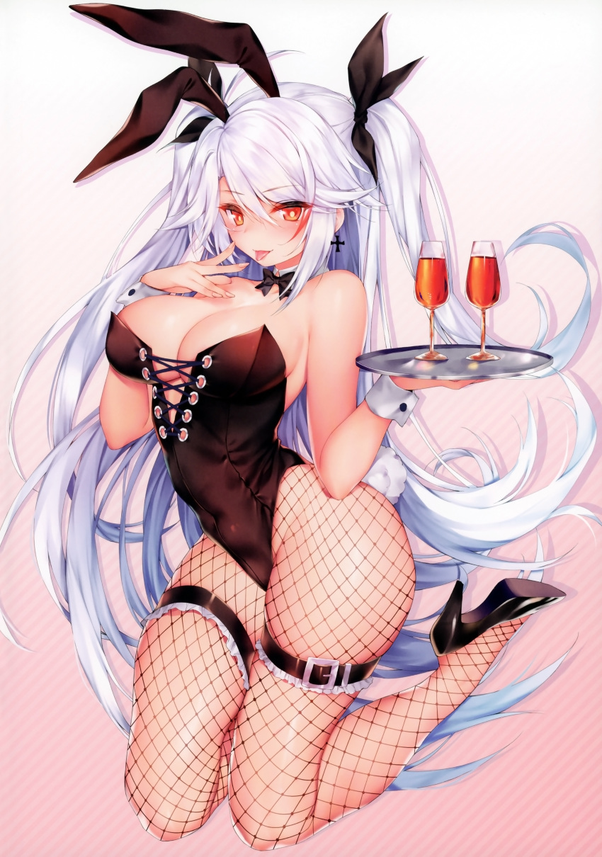absurdres animal_ears azur_lane bangs bare_shoulders black_ribbon bow bowtie breasts bunny_ears bunny_tail bunnysuit cleavage cross cross_earrings cup detached_collar drink drinking_glass earrings eyebrows_visible_through_hair fake_animal_ears fingernails fishnet_legwear fishnet_pantyhose fishnets frilled_legwear frills full_body gradient gradient_background hair_between_eyes hair_ribbon high_heels highres holding holding_tray jewelry lace-up_top large_breasts legs_folded leotard long_hair looking_at_viewer multicolored_hair obiwan orange_eyes pantyhose prinz_eugen_(azur_lane) red_hair ribbon scan sidelocks silver_hair simple_background solo strapless strapless_leotard tail thigh_strap tongue tongue_out tray two_side_up very_long_hair white_wrist_cuffs wine_glass wrist_cuffs