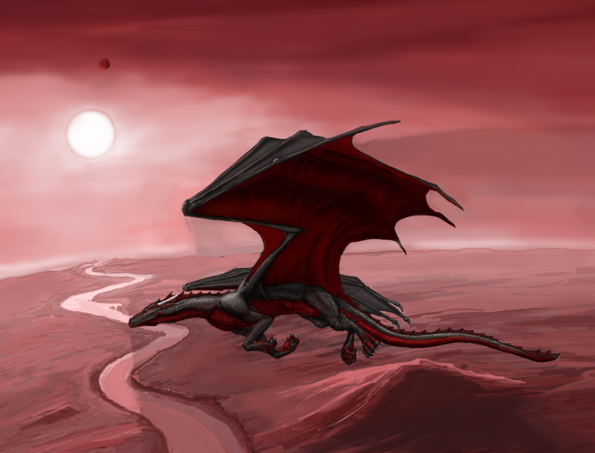 2013 ambiguous_gender claws detailed_background digital_media_(artwork) dragon feral flying horn kerydragon membranous_wings red_theme scalie sky solo spine western_dragon wings