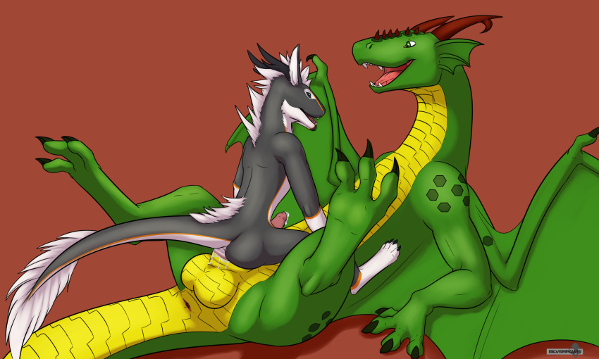 anal anthro anus balls chakat-silverpaws dragon feral hexdragon_(character) male male/male penis r'hael sex simple_background