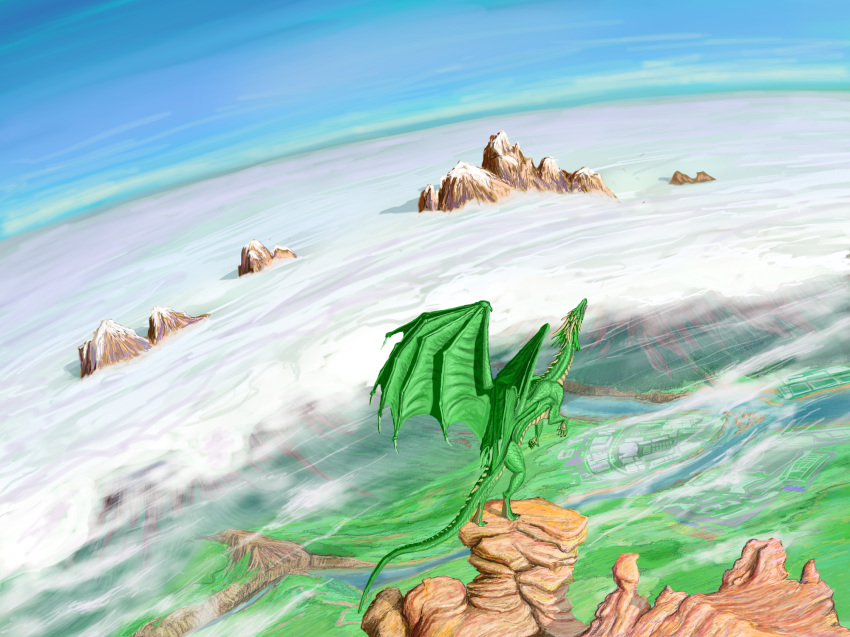 2013 ambiguous_gender claws day detailed_background digital_media_(artwork) dragon feral green_scales horn kerydragon membranous_wings outside scales scalie sky solo spines western_dragon wings