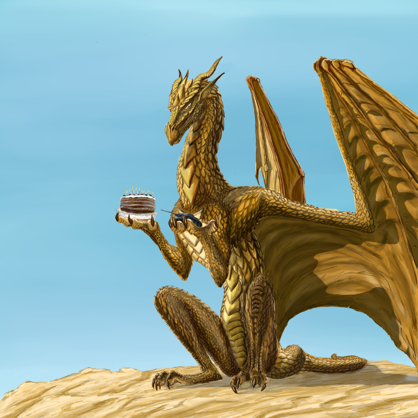 2013 day detailed_background digital_media_(artwork) dragon feral gold_scales kerydragon membranous_wings outside scales scalie sitting sky solo western_dragon wings yellow_scales