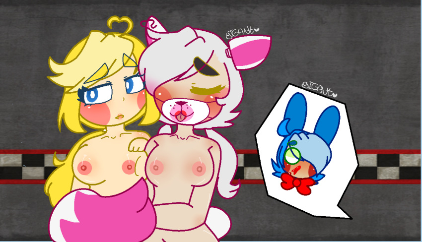 alternate_species big_breasts blonde_hair blood blue_eyes blue_hair blush bow_tie breasts female five_nights_at_freddy's five_nights_at_freddy's_2 fur hair human humanized humanoid invalid_tag mammal mangle_(fnaf) nipples nosebleed nude pink_fur tongue tongue_out toy_bonnie_(fnaf) toy_chica_(fnaf) unknown_artist video_games white_hair