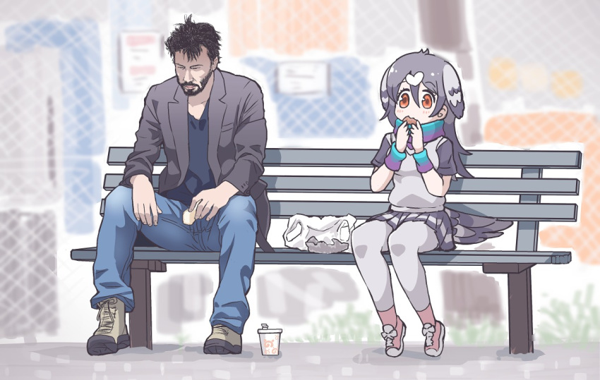 1girl bag bench blue_scarf commentary cup disposable_cup eating english_commentary eyebrows_visible_through_hair gradient_scarf grey_hair grey_legwear grey_skirt grey_vest hair_between_eyes head_wings keanu_reeves kemono_friends long_hair meme miniskirt multicolored multicolored_clothes multicolored_scarf orange_eyes outdoors pantyhose pink_footwear plastic_bag pleated_skirt purple_scarf real_life rock_pigeon_(kemono_friends) scarf short_sleeves sitting sitting_on_bench skirt tanaka_kusao vest wire_fence wristband