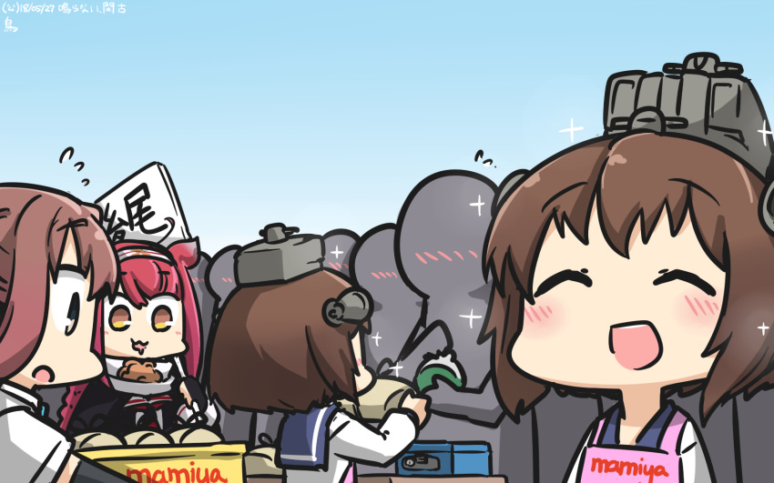 :3 ^_^ ^o^ apron arm_warmers asagumo_(kantai_collection) black_gloves black_serafuku blue_sailor_collar blush brown_hair closed_eyes commentary_request dated drooling fingerless_gloves gloves hair_flaps hamu_koutarou highres kantai_collection kawakaze_(kantai_collection) long_hair long_sleeves multiple_girls open_mouth pink_apron red_hair red_neckwear remodel_(kantai_collection) sailor_collar school_uniform serafuku short_hair short_sleeves smile sparkle yellow_eyes yukikaze_(kantai_collection)