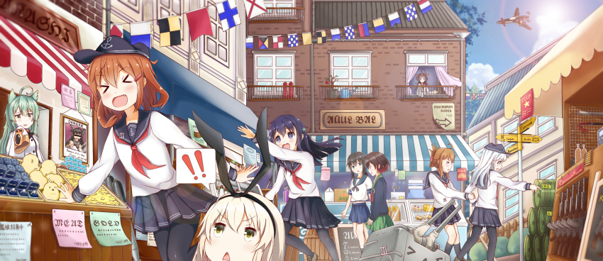 !! &gt;o&lt; 6+girls @_@ ahoge aircraft airplane ak-47 akashi_(azur_lane) akatsuki_(kantai_collection) assault_rifle azur_lane baguette bird black_legwear blonde_hair blush bread brown_hair cake cake_stand chicken chuixue cloud cloudy_sky commentary_request crescent crescent_moon_pin crossover crowbar cupcake drooling drum_(container) eyebrows_visible_through_hair fang flag flat_cap folded_ponytail food fubuki_(kantai_collection) gradient_hair green_hair gun hair_between_eyes hair_ornament hairclip hat hibiki_(kantai_collection) highres ikazuchi_(kantai_collection) inazuma_(kantai_collection) j7w_shinden jacket jewelry kantai_collection kneehighs kongou_(kantai_collection) long_hair md5_mismatch midriff multicolored_hair multiple_girls mutsuki_(kantai_collection) nagato_(kantai_collection) navel open_mouth outdoors pantyhose pleated_skirt purple_hair remodel_(kantai_collection) rensouhou-chan rifle ring running sailor_collar school_uniform serafuku shimakaze_(kantai_collection) shinden_(kantai_collection) shop shopping short_hair signal_flag silver_hair skirt sky socks spoken_exclamation_mark string_of_flags town weapon wedding_ring