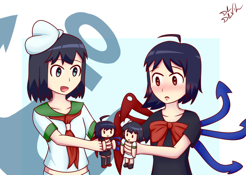 ahoge anchor asymmetrical_wings black_hair blush character_doll de_devil hat highres holding_stuffed_toy holding_toy houjuu_nue multiple_girls murasa_minamitsu sailor_collar sailor_hat short_hair short_sleeves signature stuffed_toy touhou white_background wings