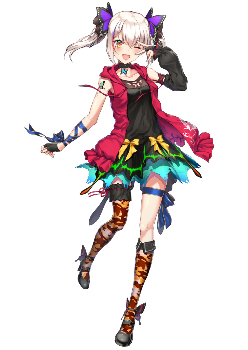 :d alternate_costume animal_print aono_meri arm_ribbon asymmetrical_legwear bangs bare_shoulders black_footwear black_gloves blue_eyes blue_ribbon blush breasts bridal_gauntlets bug butterfly butterfly_choker butterfly_hair_ornament butterfly_print butterfly_tattoo camouflage camouflage_legwear choker cleavage cleavage_cutout colorful commentary_request dress eyebrows_visible_through_hair fang fingerless_gloves gloves hair_ornament hair_ribbon hairclip half_gloves high_heels highres hood hood_down hoodie insect jacket kneehighs large_breasts leg_ribbon looking_at_viewer multicolored multicolored_clothes multicolored_dress multicolored_hair nail_polish one_eye_closed open_mouth original pink_nails red_hoodie ribbon sidelocks silver_hair single_fingerless_glove single_kneehigh single_thighhigh sleeveless sleeveless_hoodie smile solo sparkle streaked_hair tattoo thighhighs twintails virtual_youtuber wrist_ribbon