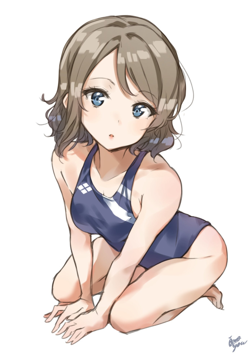 bare_shoulders barefoot blue_eyes brown_hair competition_swimsuit full_body highres logo looking_at_viewer love_live! love_live!_sunshine!! one-piece_swimsuit parted_lips seiza short_hair signature simple_background sitting solo swimsuit takenoko_no_you watanabe_you wavy_hair white_background