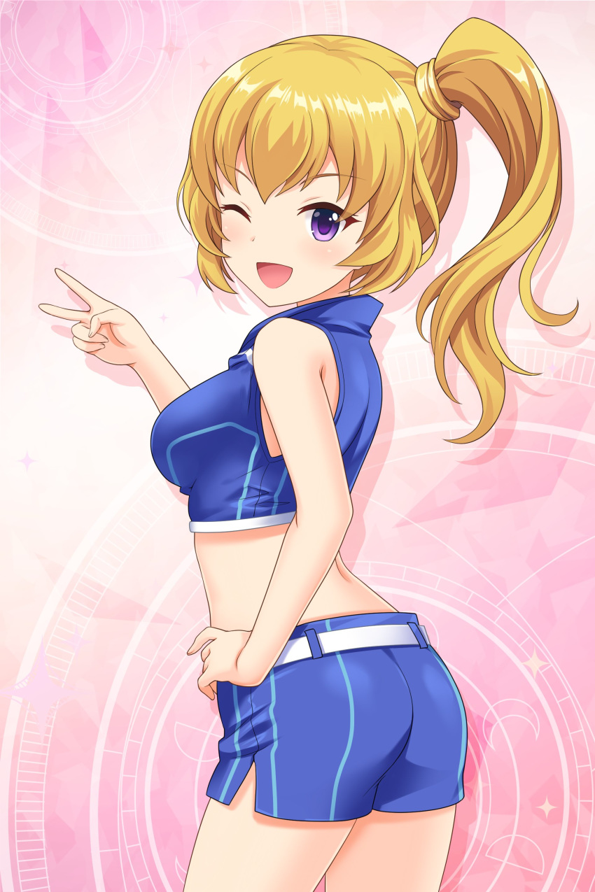 ;d absurdres alternative_girls ass bangs bare_shoulders belt blonde_hair blue_jacket blue_shorts blush crop_top hair_between_eyes hand_on_hip high_ponytail highres jacket long_hair looking_at_viewer midriff mizushima_airi official_art one_eye_closed open_mouth pink_background purple_eyes race_queen shorts side_ponytail simple_background smile standing v