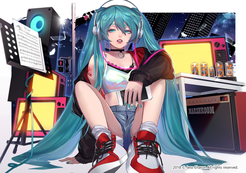 2018 amplifier aqua_eyes aqua_hair artist_name choker crop_top denim denim_shorts hair_between_eyes hatsune_miku headphones highres jing_(1561659763) lips long_hair midriff music_stand nail_polish off_shoulder sheet_music shoes short_shorts shorts sitting sneakers solo speaker twintails very_long_hair vocaloid