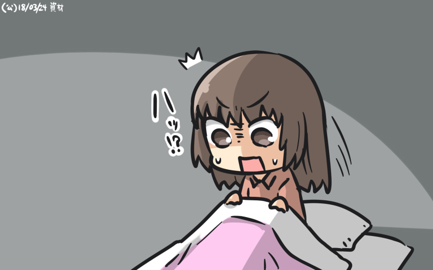 /\/\/\ 1girl brown_eyes brown_hair commentary_request dated hair_down hamu_koutarou highres kantai_collection motion_lines naka_(kantai_collection) open_mouth pajamas pillow solo waking_up