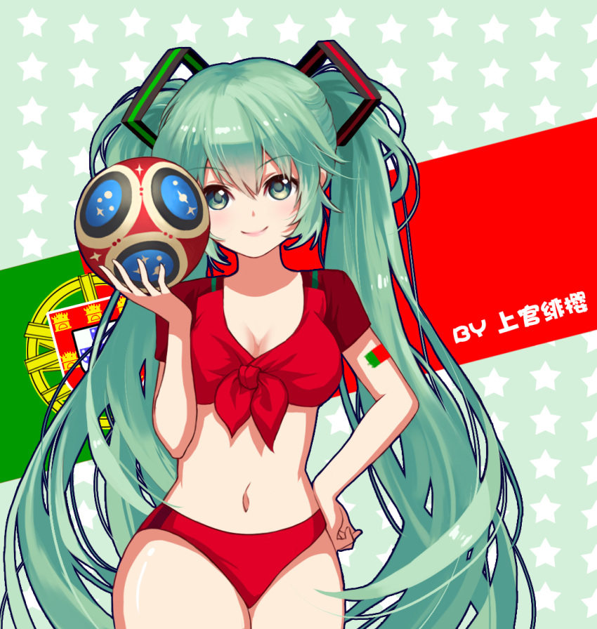 2018_fifa_world_cup aqua_eyes aqua_hair ball blush breasts chinese_commentary cleavage commentary_request cowboy_shot eyebrows_visible_through_hair front-tie_top green_background hair_between_eyes hand_on_hip hand_up hatsune_miku holding holding_ball long_hair looking_at_viewer medium_breasts midriff navel pink_lips portugal portuguese_flag red_bikini_bottom red_shirt shangguan_feiying shirt short_sleeves smile soccer soccer_ball solo standing star starry_background stomach thighs twintails very_long_hair vocaloid world_cup