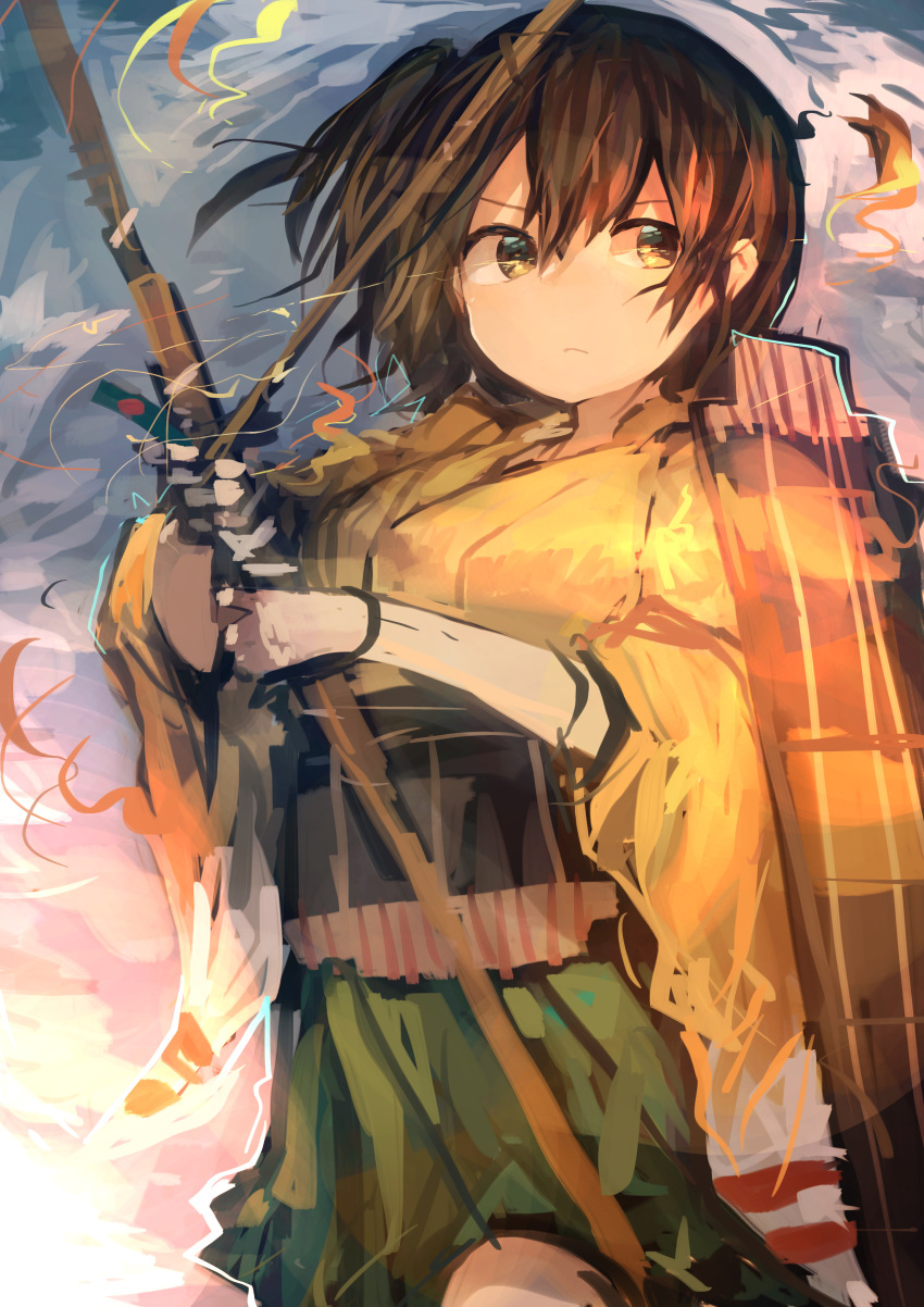 absurdres arrow bangs bow_(weapon) brown_hair commentary_request flight_deck green_skirt hair_between_eyes hakama_skirt highres hiryuu_(kantai_collection) holding holding_bow_(weapon) holding_weapon japanese_clothes kaamin_(mariarose753) kantai_collection serious short_hair side_ponytail skirt solo weapon wide_sleeves