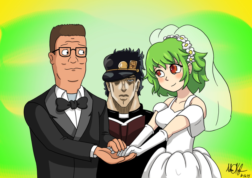 2boys artist_request bible black-framed_eyewear black_hat black_jacket black_neckwear blush book bow bowtie bridal_gauntlets bridal_veil brown_hair closed_mouth commentary crossover dated dress english_commentary eye_contact flower formal glasses green_background green_hair hank_hill hat head_wreath holding holding_book holding_hands jacket jojo_no_kimyou_na_bouken kazami_yuuka king_of_the_hill kuujou_joutarou long_sleeves looking_at_another multiple_boys open_book priest red_eyes signature simple_background smile suit toon touhou tuxedo upper_body veil wedding wedding_dress white_dress white_flower wrinkled_skin