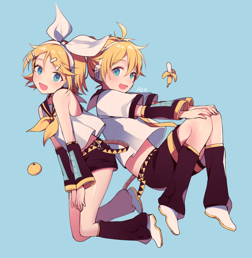 1girl :d artist_name azit_(down) banana bare_shoulders belt blonde_hair blue_background blue_eyes blush bow detached_sleeves floating food fruit hair_bow hair_ornament hairclip hands_on_own_knees hands_together headphones headset highres kagamine_len kagamine_rin knees_together_feet_apart leg_warmers looking_at_viewer mandarin_orange necktie open_mouth sailor_collar sailor_shirt shirt short_hair short_ponytail shorts siblings signature sleeveless sleeveless_shirt smile treble_clef twins vocaloid yellow_neckwear
