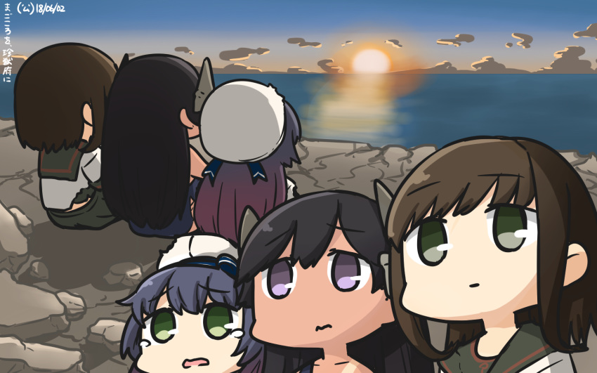 alternate_hairstyle black_hair black_sailor_collar black_skirt blue_sky brown_hair cloud commentary_request dated empty_eyes eyebrows_visible_through_hair fubuki_(kantai_collection) green_eyes hair_ornament hamu_koutarou hat highres i-400_(kantai_collection) kantai_collection long_hair matsuwa_(kantai_collection) multiple_girls ocean open_mouth outdoors pleated_skirt purple_eyes remodel_(kantai_collection) sailor_collar sailor_hat school_uniform serafuku short_hair short_ponytail short_sleeves sitting skirt sky sun sunrise tan tanline tears torn_clothes white_hat